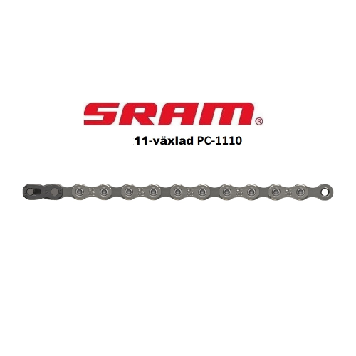 En SRAM-cykelkedja visas horisontellt under den röda SRAM-logotypen och texten "11-växlad PC-1110" på en vit bakgrund.