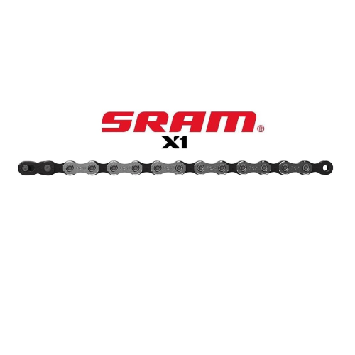 En SRAM X1-cykelkedja visas horisontellt med SRAM X1-logotypen ovanför på en vit bakgrund.