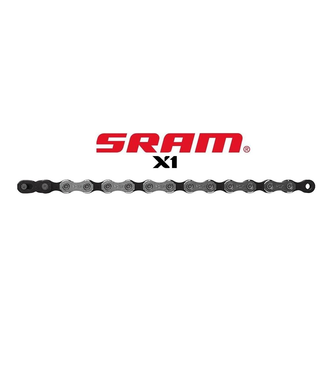 kedja-sram-pc-x1.png En SRAM X1-cykelkedja visas horisontellt med SRAM X1-logotypen ovanför på en vit bakgrund.