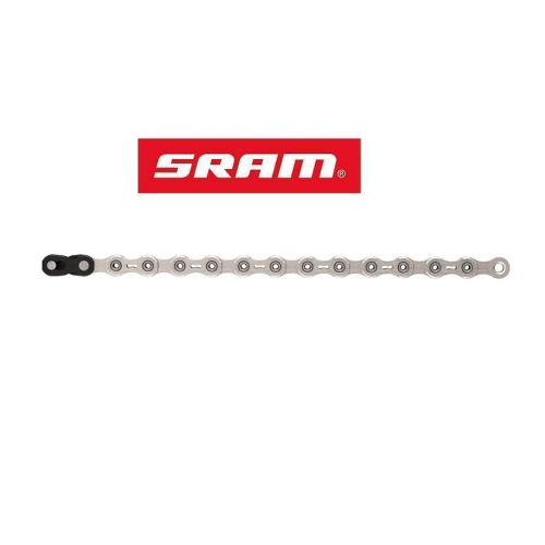En silverfärgad cykelkedja är placerad i en rak linje under en röd rektangel med den vita texten "SRAM" centrerad ovanför den på en vit bakgrund.