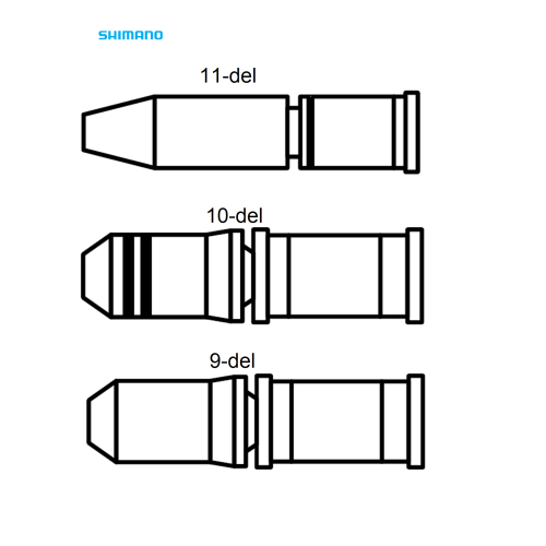 Diagram som visar tre Shimano cykelkedjepinnar märkta 11-del, 10-del och 9-del från topp till botten, var och en med olika markeringar och former för jämförelse. Shimanos logotyp visas i blått längst upp till vänster.