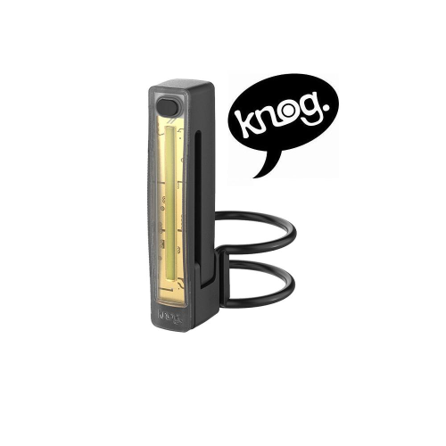 En rektangulär cykellampa i svart och guld med ett runt svart monteringsfäste och en pratbubbla som visar ordet "Knog." i vit text.