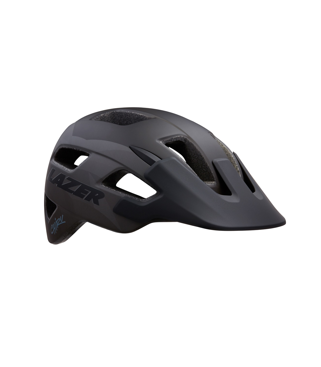 lazer-chiru-svart.png En mattsvart Lazer cykelhjälm med flera ventilationshål, ett visir framtill och en strömlinjeformad design. Varumärket "Lazer" syns på sidan.