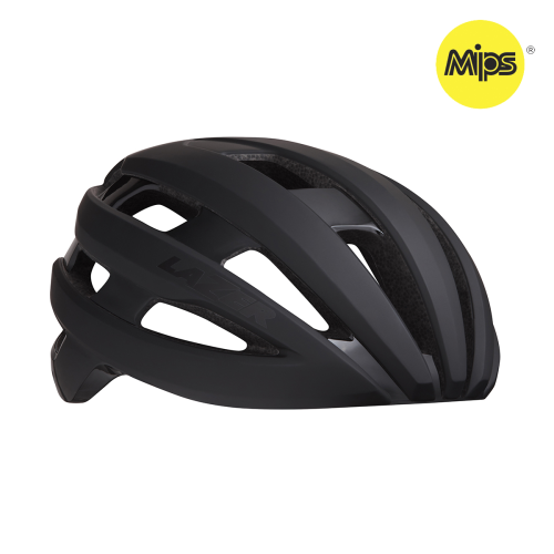 En mattsvart cykelhjälm med flera ventilationsöppningar, sedd från sidan. Hjälmen är försedd med MIPS säkerhetslogotyp i övre högra hörnet på en gul cirkel.