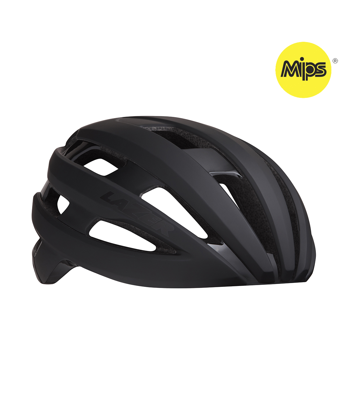 lazer-sphere-mips-svart.png En mattsvart cykelhjälm med flera ventilationsöppningar, sedd från sidan. Hjälmen är försedd med MIPS säkerhetslogotyp i övre högra hörnet på en gul cirkel.