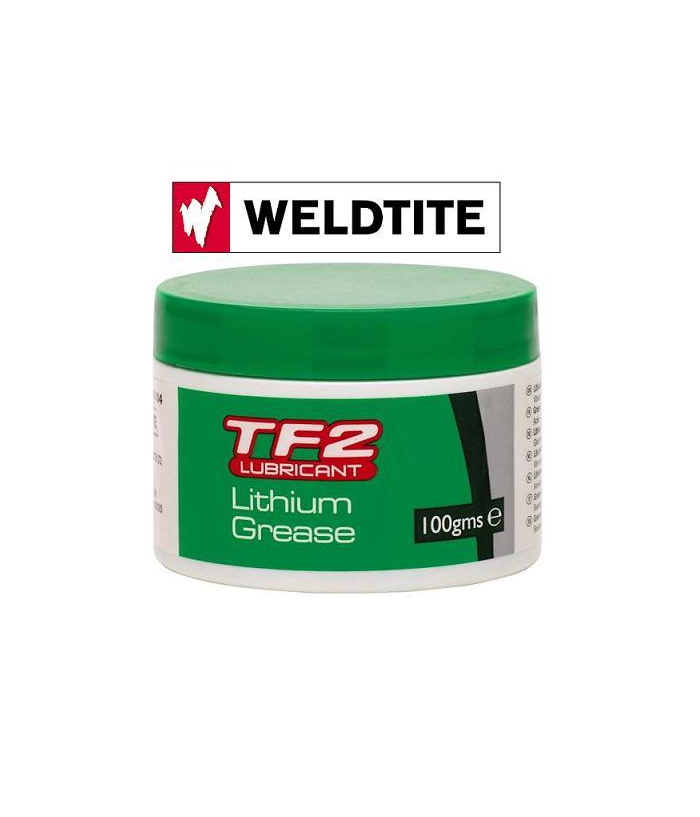 lithium-fett.png En 100 g behållare med TF2 Lithium Grease smörjmedel med ett grönt lock; ovanför behållaren finns Weldtite-logotypen med en röd och vit grafik och svart text på en vit bakgrund.