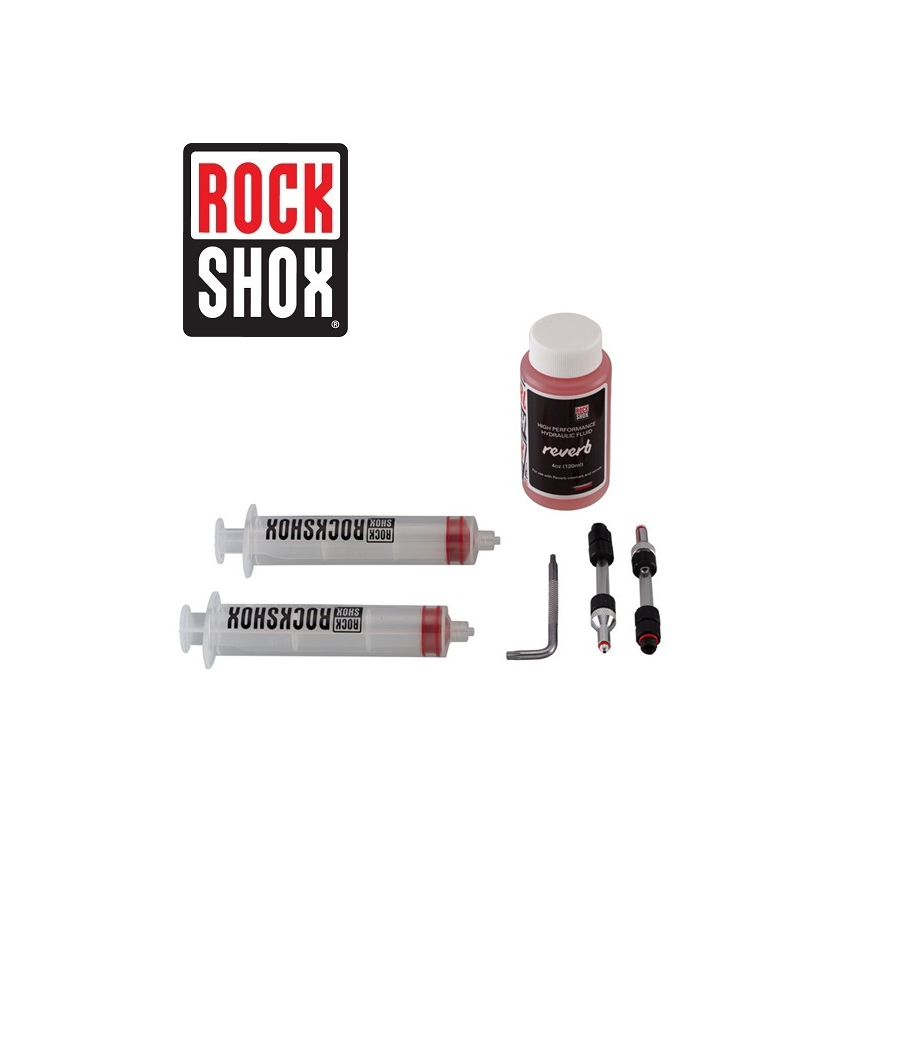 luftningskit-rockshox-reverb.png Avluftningssats av märket RockShox med två sprutor, en flaska med vätska, en insexnyckel och små metallkontakter och kopplingar mot en vit bakgrund. RockShox logotyp visas i det övre vänstra hörnet.