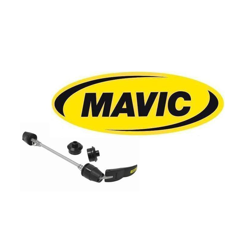 mavic-adaptersats-framhjul.png En gul oval Mavic-logotyp med svart text visas ovanför ett svart och silverfärgat snabbkopplingsspett för cykel och två små svarta komponenter på en vit bakgrund.