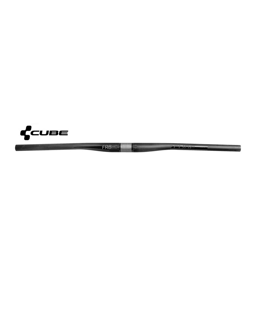 mtb-styre-cube-flat-race-pro-carbon.png Ett rakt svart Cube FRB-cykelstyre avbildas mot en vit bakgrund, med Cube-logotypen till vänster om styret.