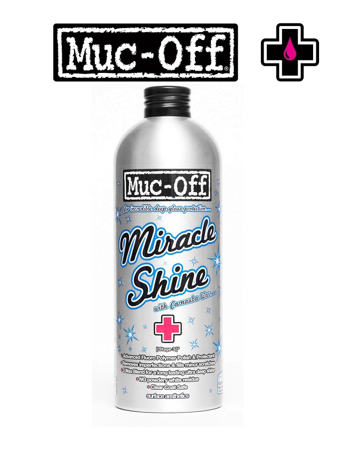 muc-off-miracal-shine.png En silverfärgad flaska märkt "Muc-Off Miracle Shine with Carnauba Wax" visas. Etiketten har blå, svart och vit text med stjärngrafik och en rosa korssymbol. Muc-Off logotyper visas ovanför flaskan.