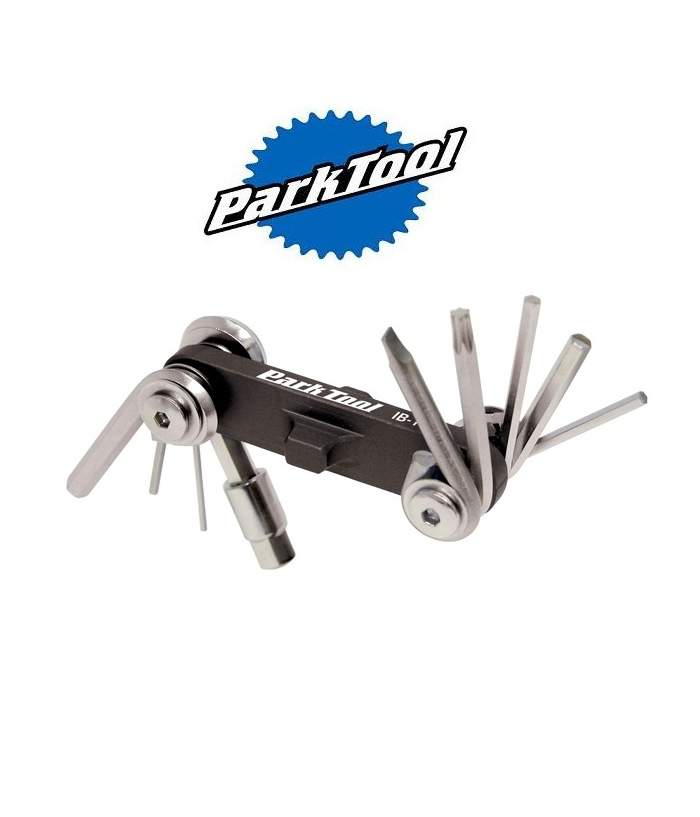 multiverktyg-park-tool-1.png Ett multiverktyg från Park Tool med olika sexkantsnycklar och skruvmejslar utdragna på båda sidor. Park Tools logotyp, i blått och vitt, visas ovanför verktyget på en vit bakgrund.