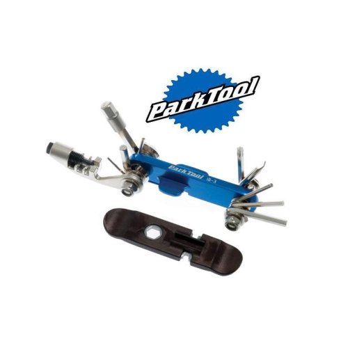 Ett Park Tool multiverktyg med olika utfällbara cykelreparationsverktyg och en separat svart däckspak, som visas under den blå Park Tool-logotypen på en vit bakgrund.