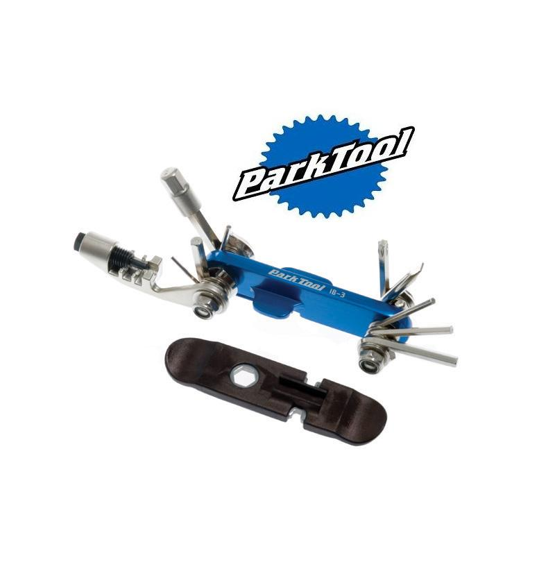 park-tool-1.png Ett Park Tool multiverktyg med olika utfällbara cykelreparationsverktyg och en separat svart däckspak, som visas under den blå Park Tool-logotypen på en vit bakgrund.