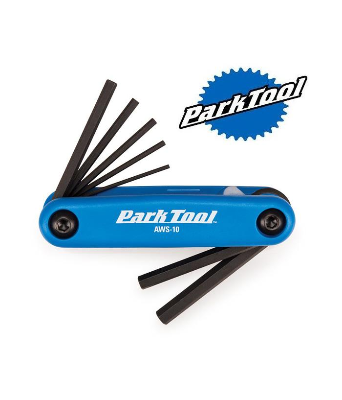 park-tool-aws10.png En blå Park Tool AWS-10 hopfällbar sexkantsnyckelsats visas med flera svarta sexkantsnycklar utdragna. Park Tool-logotypen visas två gånger, en gång på verktyget och en gång separat på den vita bakgrunden.