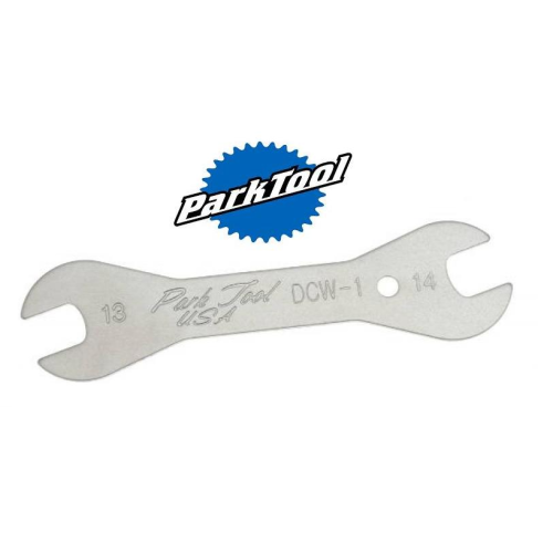 En Park Tool-nyckel i metall med öppna ändar märkta 13 och 14, "Park Tool USA" och "DCW-1" ingraverat i mitten. Den blå Park Tool-logotypen visas ovanför skiftnyckeln.