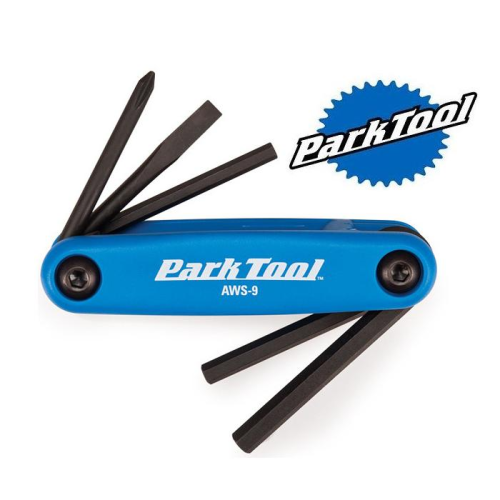 Ett blått Park Tool AWS-9 multiverktyg med flera svarta sexkants- och skruvmejselbitar utdragna, bredvid Park Tool-logotypen på en vit bakgrund.