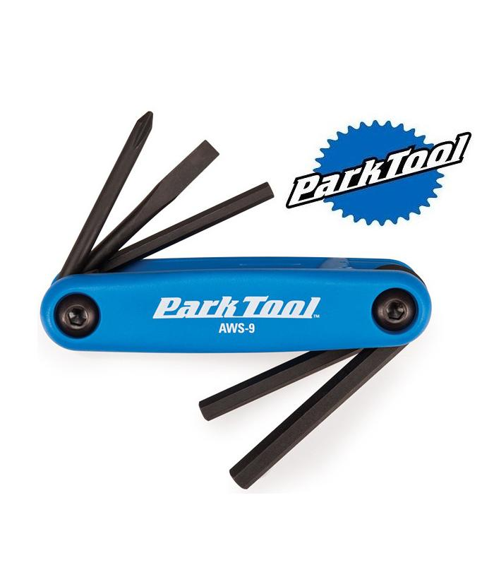 park-tool-multi.png Ett blått Park Tool AWS-9 multiverktyg med flera svarta sexkants- och skruvmejselbitar utdragna, bredvid Park Tool-logotypen på en vit bakgrund.