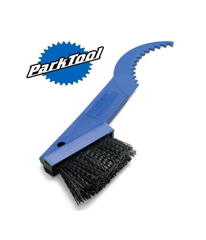 park-tool-rengoringsborste.png En blå Park Tool-cykelrengöringsborste med styva svarta borst och en krokig plastände för rengöring av växlar och kedjor. Park Tool-logotypen visas i det övre vänstra hörnet.