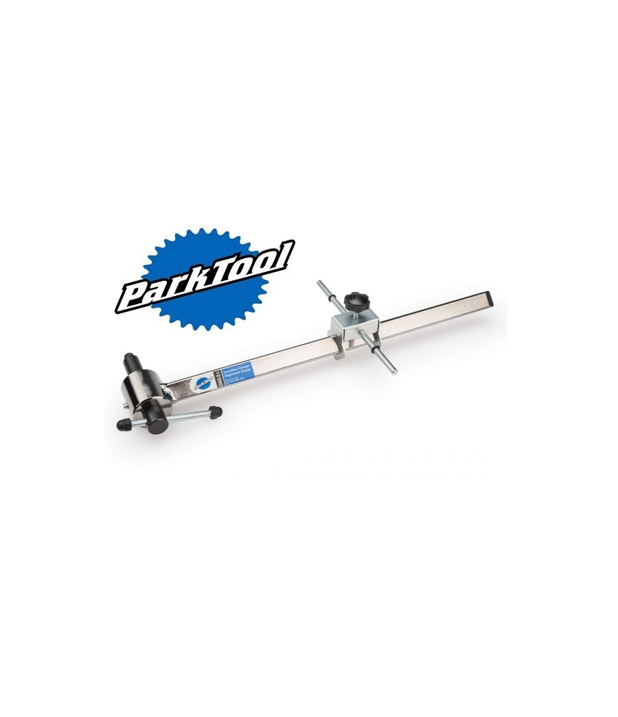 park-tool-riktverktyg-vaxelora.png En uppriktningsmätare för cykelramar av märket Park Tool med en lång metallarm, justeringsrattar och mätmarkeringar, placerad på en vit bakgrund bredvid Park Tool-logotypen.