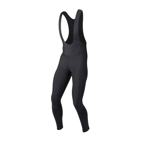 Ett par svarta, hellånga cykeltights med axelremmar mot en vit bakgrund. Tyget ser figursytt och atletiskt ut, utformat för prestanda och komfort.