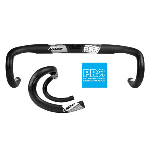 Ett svart droppstyre för cyklar med vita logotyper för "PRO" och "Libe", visade framifrån och från sidan, bredvid en blå fyrkant med logotypen "PRO Powers Your Performance".
