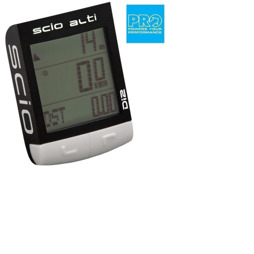 En digital cykeldator med en rektangulär display som visar höjd, hastighet och distans. Enheten är märkt med "scio alti" och "D12". En blå "PRO powers your performance"-logotyp finns i det övre högra hörnet.