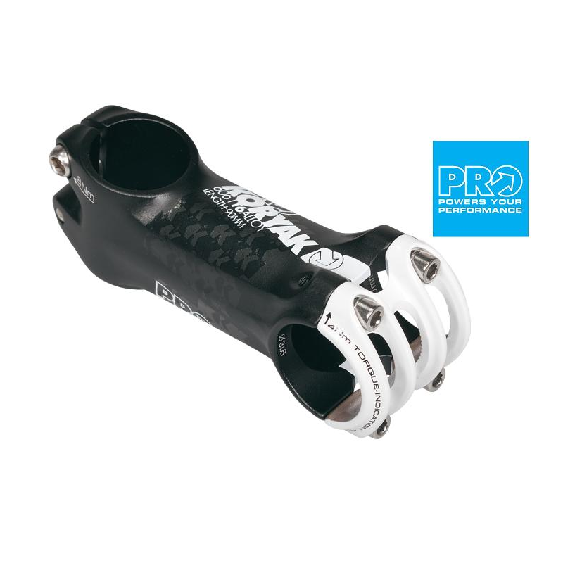 pro-stam.png En svartvit cykelstam med synliga bultar och varumärke på sidan, placerad bredvid en blå fyrkantig logotyp med texten "PRO POWERS YOUR PERFORMANCE.".