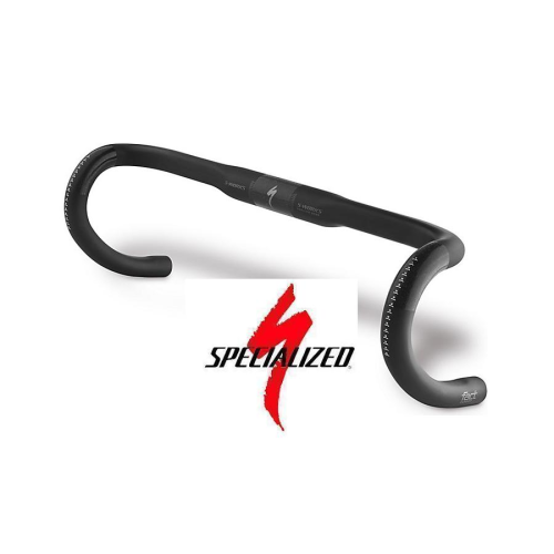 På en vit bakgrund visas ett svart cykelstyre med droppformad styrstång. Under styret syns Specialized-logotypen med ordet "Specialized" och ett rött stiliserat "S".