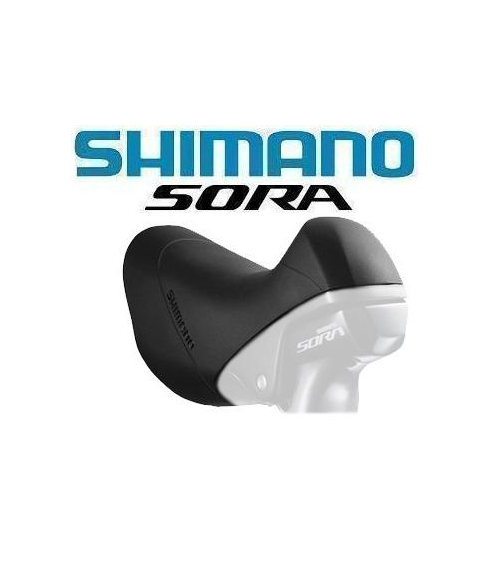 reglageskydd-shimano-sora-st-r3000.png Shimano Sora cykelväxel med Shimano-logotypen i blått och Sora-logotypen i svart ovanför växeln mot en vit bakgrund.