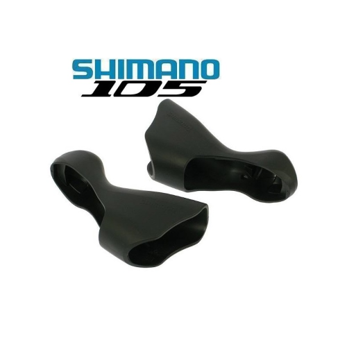 Två svarta Shimano 105 ersättningsbromshandtagshuvor av gummi visas sida vid sida på en vit bakgrund med Shimano 105-logotypen ovanför dem.
