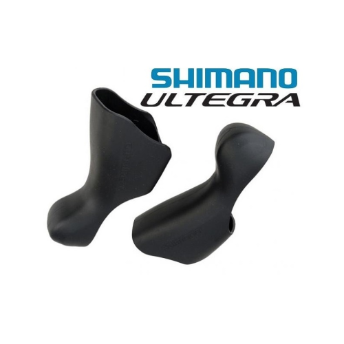 Ett par svarta Shimano Ultegra-bromshandtagshuvar visas mot en vit bakgrund, med Shimano Ultegra-logotypen i blå och svart text ovanför dem.