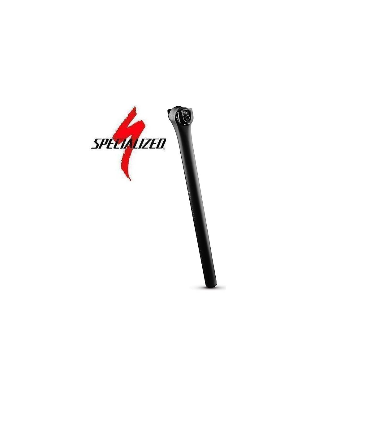 s-works-fact-caron-sadelstolpe.png En svart cykelsadelstolpe visas upprätt på en vit bakgrund bredvid den röda och svarta Specialized-logotypen.