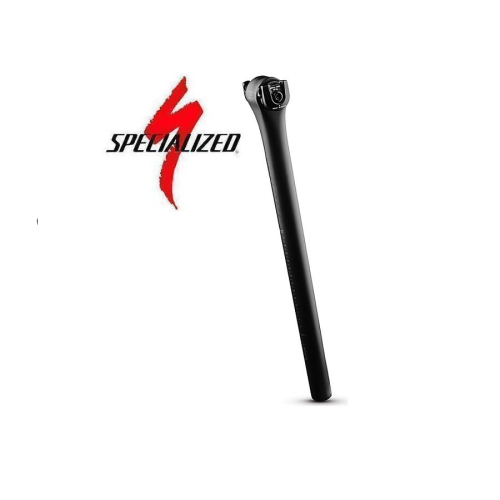 En svart cykelsadelstolpe placerad diagonalt bredvid Specialized-logotypen