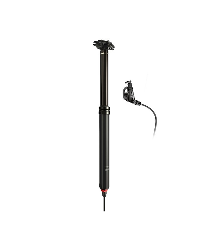 sankbar-sadelstolpe-rockshox-reverb-stealth.png En svart droppsadelstolpe för cykel med en monterad fjärrkontroll och kabel, mot en vit bakgrund.