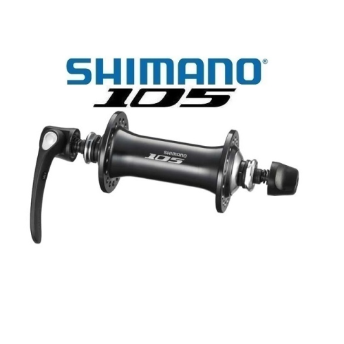 Här visas ett Shimano 105-cykelnav med en snabbkopplingsspak. Navet är svart med "Shimano 105"-märket och Shimano 105-logotypen visas ovanför det på en vit bakgrund.