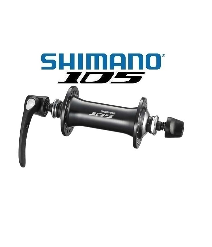 shimano-105-nav.png Här visas ett Shimano 105-cykelnav med en snabbkopplingsspak. Navet är svart med "Shimano 105"-märket och Shimano 105-logotypen visas ovanför det på en vit bakgrund.
