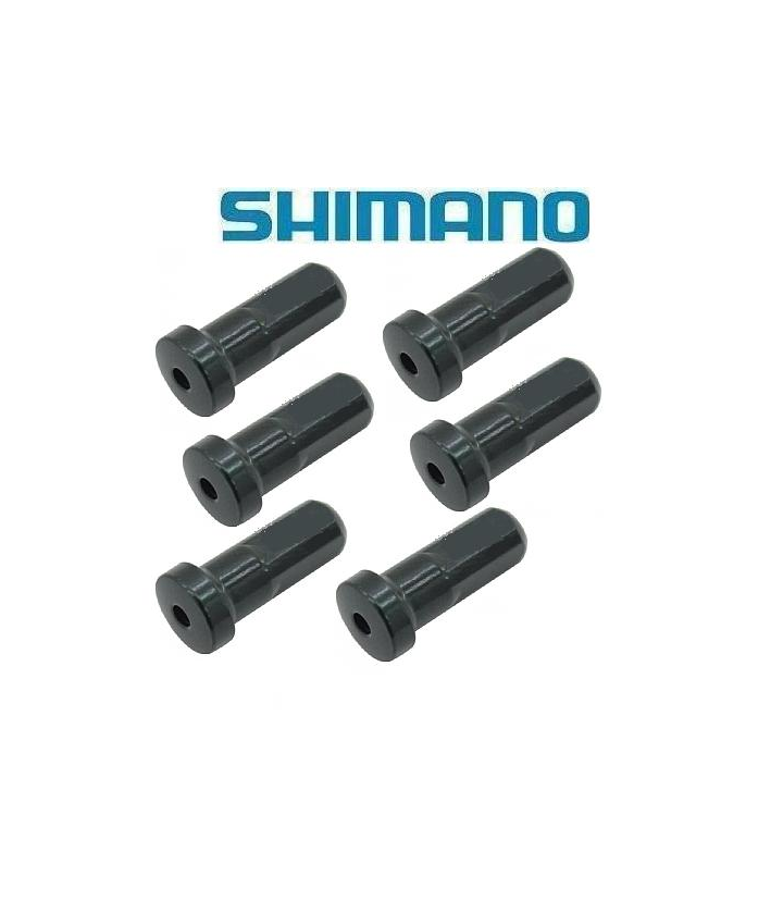 shimano-ekernipplar.png Sex svarta Shimano-kabeländstycken är placerade i två rader om tre mot en vit bakgrund, med den blå Shimano-logotypen ovanför dem.