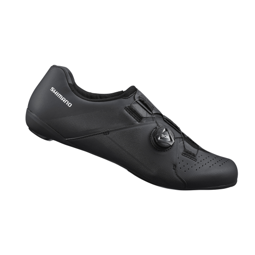 En svart Shimano-cykelsko med strömlinjeformad design