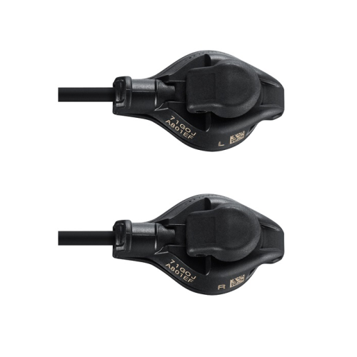 Två svarta Shimano cykelväxlar märkta "L" och "R" visas sida vid sida på en vit bakgrund