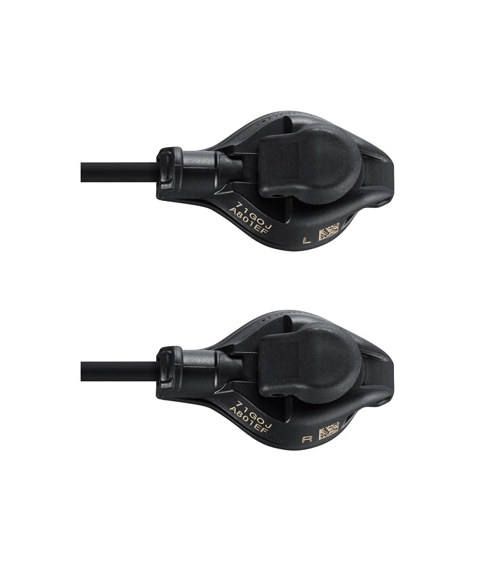 shimano.swr9150.png Två svarta Shimano cykelväxlar märkta "L" och "R" visas sida vid sida på en vit bakgrund, anslutna till svarta kablar.