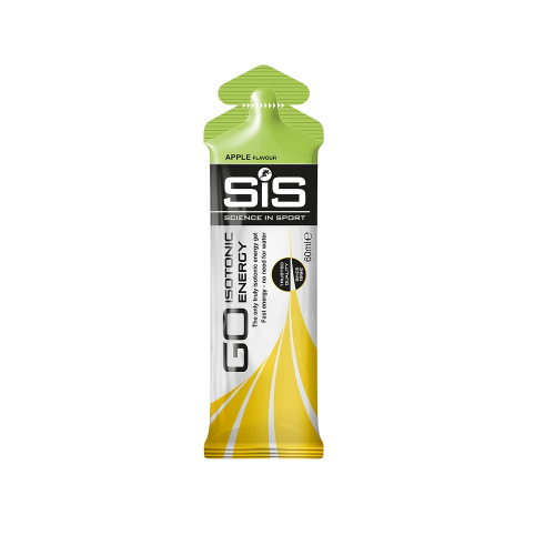 En enda Science in Sport GO Isotonic Energy Gel med äppelsmak visas upprätt. Förpackningen är huvudsakligen vit med gula och gröna accenter och text som beskriver produktens namn och egenskaper.