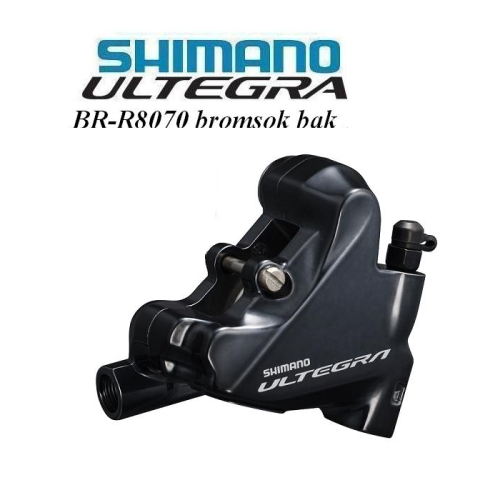 Ett svart Shimano Ultegra BR-R8070 hydrauliskt skivbromsok visas under Shimano Ultegra-logotypen och texten "BR-R8070 bromsok bak" på en vit bakgrund.