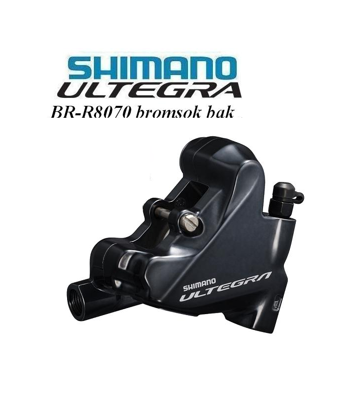 skivbromsok-shimano-ultegra-br-r8070-bak.png Ett svart Shimano Ultegra BR-R8070 hydrauliskt skivbromsok visas under Shimano Ultegra-logotypen och texten "BR-R8070 bromsok bak" på en vit bakgrund.
