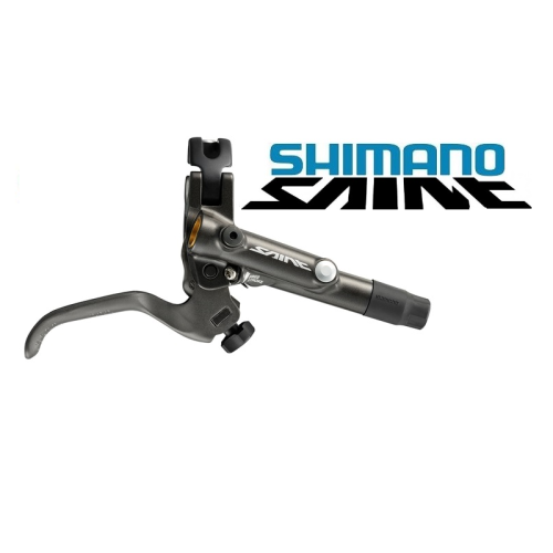 En Shimano Saint hydraulisk bromsspak för cykel visas mot en vit bakgrund, med Shimano Saint-logotypen i blått och svart ovanför och bakom spaken.