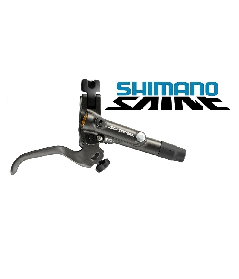skivbromsreglage-shimano-saint-bl-m820.png En Shimano Saint hydraulisk bromsspak för cykel visas mot en vit bakgrund, med Shimano Saint-logotypen i blått och svart ovanför och bakom spaken.