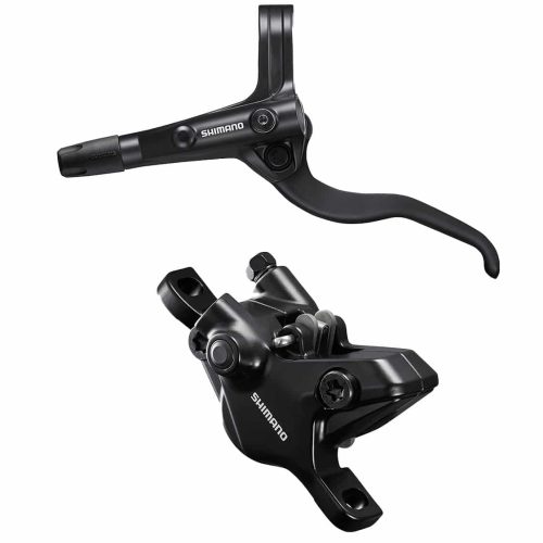 En svart Shimano hydraulisk skivbromssats för cykel, som visar styrets bromshandtag och bromsoket med Shimano-logotypen synlig på båda komponenterna, mot en vit bakgrund.