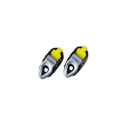Ett par Shimano-cykelklossar med silverfärgad bas