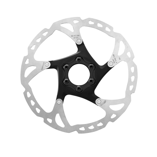 En skivbromsrotor av metall för cykel med en svart sexbultars fästpunkt och en silverfärgad yttre ring