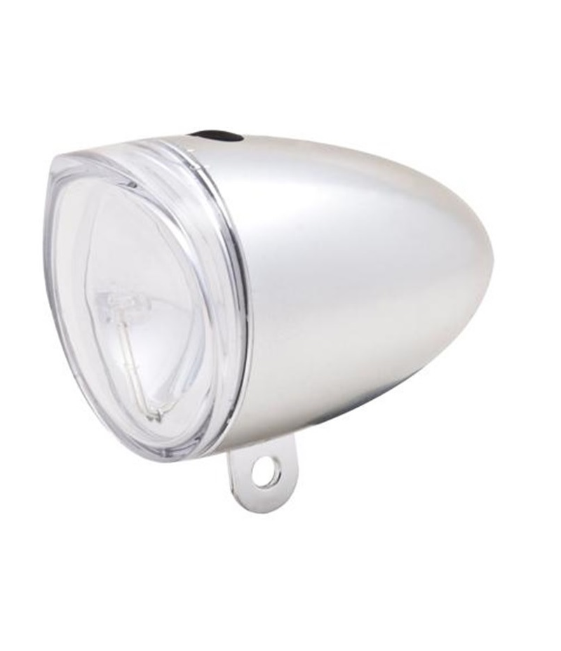 spanninga.trendo.framlampa.png Närbild på en silverfärgad, kulformad cykelstrålkastare med klar lins och ett litet metallfäste längst ned.