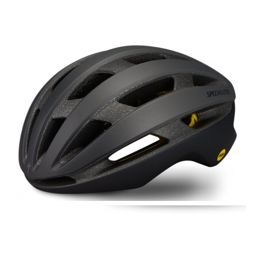 En svart och mörkgrå cykelhjälm med flera ventilationshål, en jämn aerodynamisk form och ordet "Specialized" tryckt på sidan.